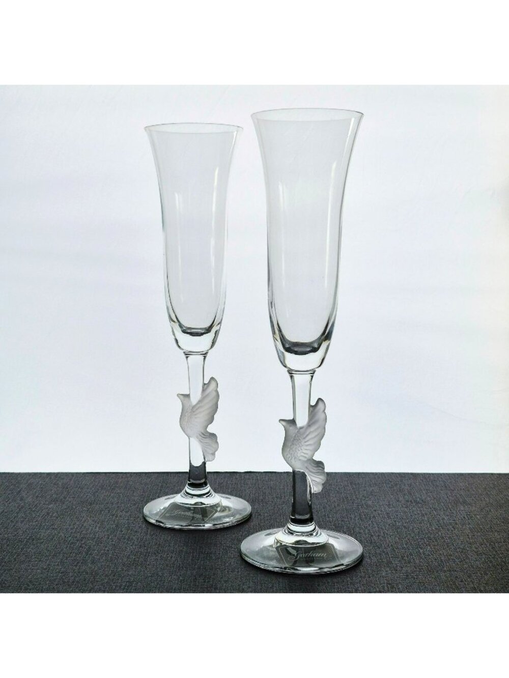 Gorham Amore Fluted Champagne Set, Frosted Wedding Dove Design, c.1999-2009